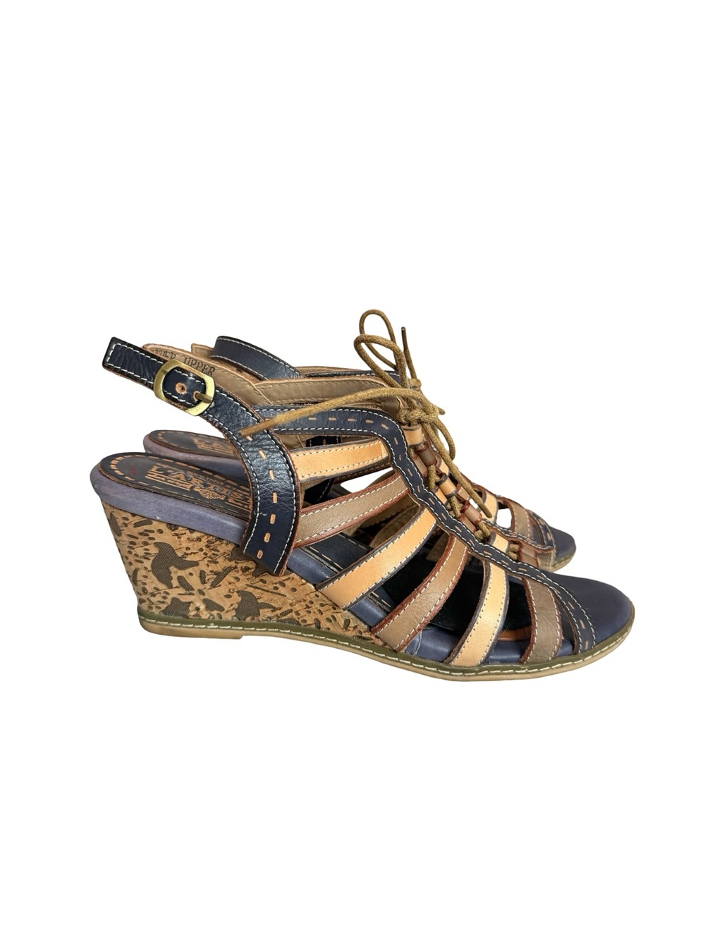L'Artiste x Spring Step Navy Tan Leather Lace Up Wedge Sandals Size 10.5 Women's